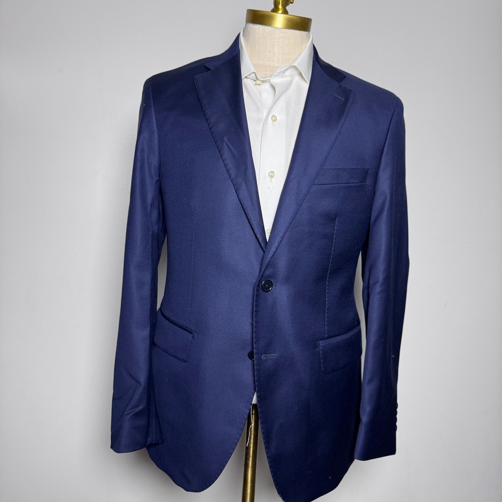 G. Manzoni Blazer Mens 40R Navy Blue Solid Wool Guabello Super 150s Italy